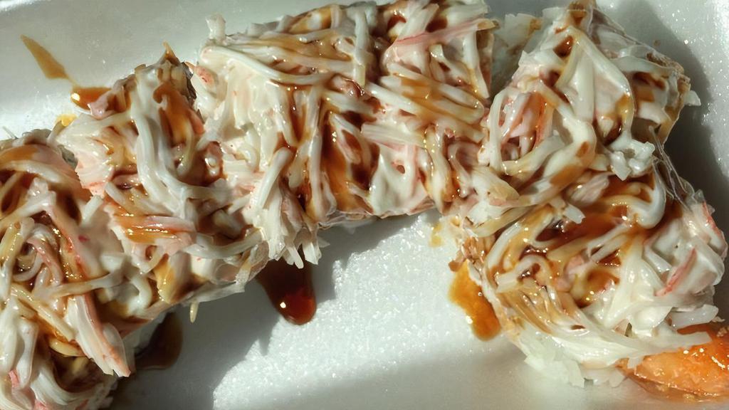 Tornado Roll · Shrimp tempura and cream cheese inside, crabmeat and eel sauce on top. 8 pieces.
