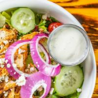 Grilled Blackened Chicken Salad · Mixed greens, cherry tomatoes, red onions, candied pecans, blue cheese crumbles, and grilled...