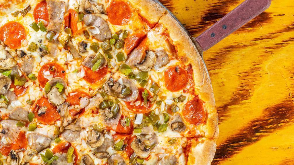 Supreme · Pepperoni, italian sausage, mushrooms, green peppers, white onions, mozzarella cheese, and pizza sauce
