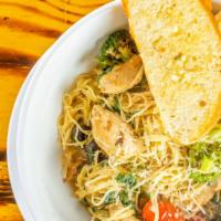 Capellini Supreme · Grilled chicken on top of a bed of sauteed angel hair pasta with garlic & olive oil, broccol...