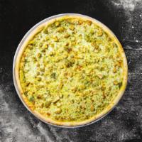 Attack Of The Chicken Pesto · Our famous house made dough topped with pesto sauce, chicken, tomato, green peppers and prem...