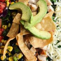 Southwest Chicken Salad · Mixed greens with grilled chicken, black bean and
corn salsa, pepper jack cheese, tomatoes, ...