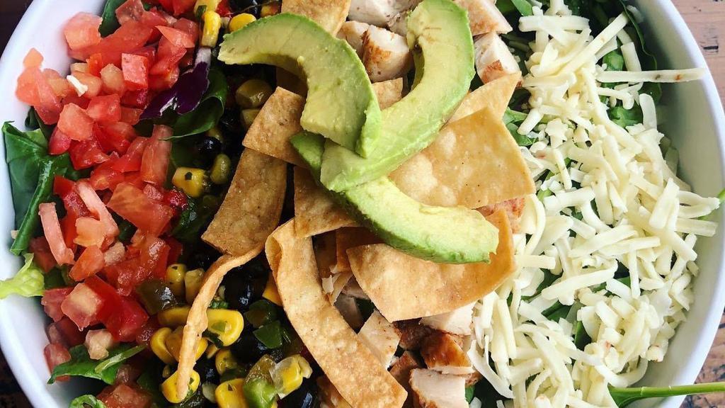 Southwest Chicken Salad · Mixed greens with grilled chicken, black bean and
corn salsa, pepper jack cheese, tomatoes, avocado,
and crispy fried tortilla strips.