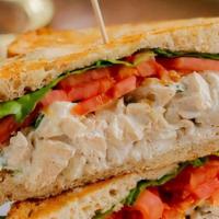Chicken Salad · White-meat chicken, green onions, celery, almonds, blended with mayonnaise, fat-free yogurt ...
