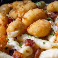 Mac + Cheese · 4 Cheese mac and cheese with Nueske's bacon and ziti pasta topped with fried cheese curds