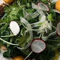 Chèvre Fig Salad · Baby cress, fig vinaigrette, goat cheese croquettes, fennel, oranges, marcona almonds, and r...