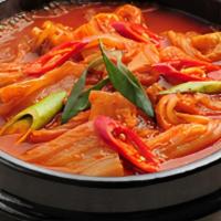 Kimchi Jjigae|김치찌개 · Kimchi, pork, tofu, and vegetables in spicy broth. Comes with white rice.