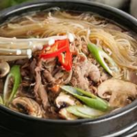Beef Jjigae|불고기뚝배기 · Marinated beef (bulgogi), vegetables, vermicelli, and egg in spicy beef broth