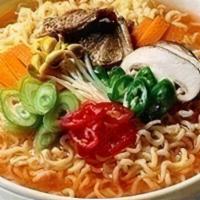 Ramen|라면 · Spicy ramen noodle soup with vegetables and egg in vegetable broth