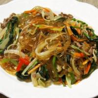 Japchae|잡채 · Stir-fried potato vermicelli with vegetables and beef in a rich soy-based sauce. Comes with ...