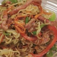 Ramen Japchae|여보잡채 · Stir-fried ramen noodles with vegetables and beef in spicy sauce