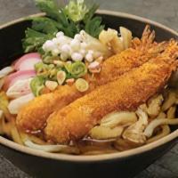 Shrimp Tempura Udon|새우뎀푸라우동 · Udon noodles with vegetables in soy broth served with shrimp tempura on the side
