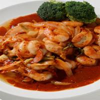 F2 Shrimp Bokum|새우버섯볶음 · Shrimp, mushrooms, and vegetables stir-fried with spicy sauce. Comes with white rice.