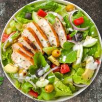 Cajun Chicken Salad · Fresh green lettuce mix, tomatoes, onions, green peppers, black and green olives and cheese ...