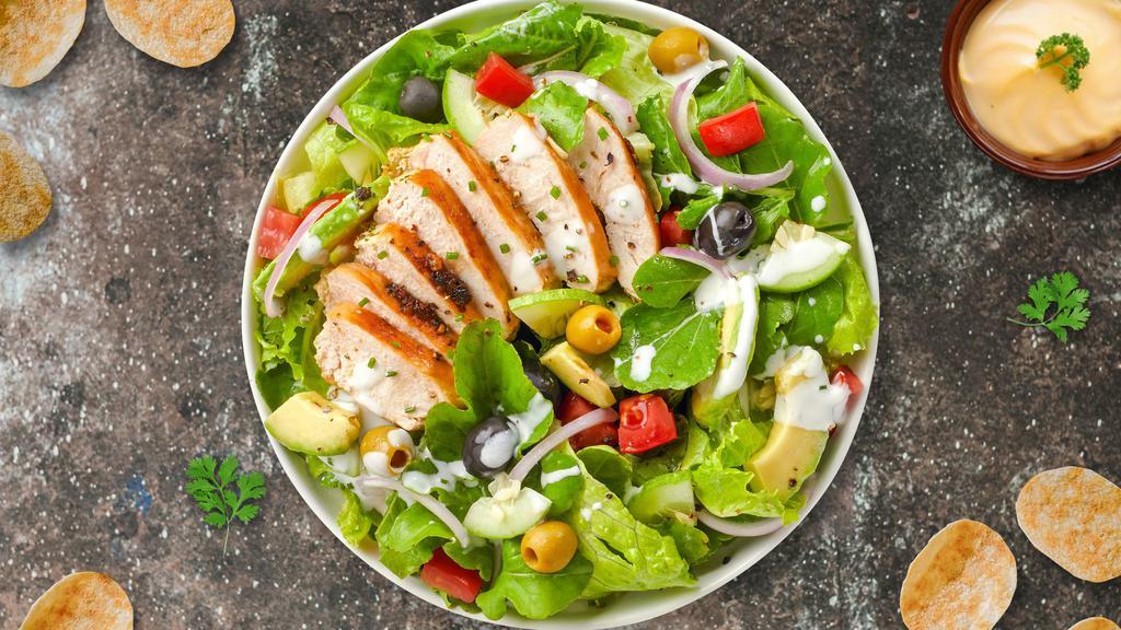 Cajun Chicken Salad · Fresh green lettuce mix, tomatoes, onions, green peppers, black and green olives and cheese with cajun grilled chicken.