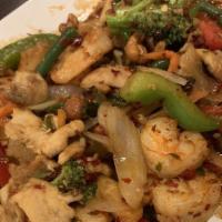 L3 Cashew Nut · Spicy. Your choice of meat sautéed with bell pepper, onion and pineapple in a mild spicy sau...