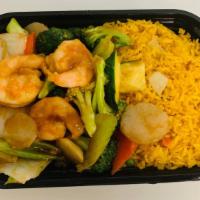 Shrimp With Mixed Vegetables · Served with fried rice and egg roll or soup or soda.