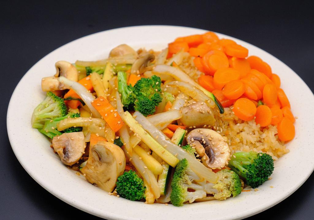 Vegetables · Mushroom, Broccoli, Zucchini, Onions, Sliced Carrots 
cooked in our savory hibachi sauce