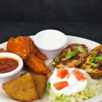 Appetizer Combo · A great sampling of our delicious Loaded Potato Skins, Buffalo Bites, and Mozzarella Wedges....