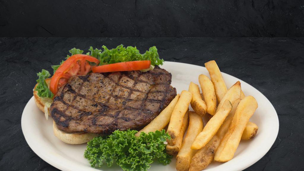 Steak Sandwich · A tender and juicy 6 oz. steak served on a toasted hoagie bun with shredded lettuce and tomato.