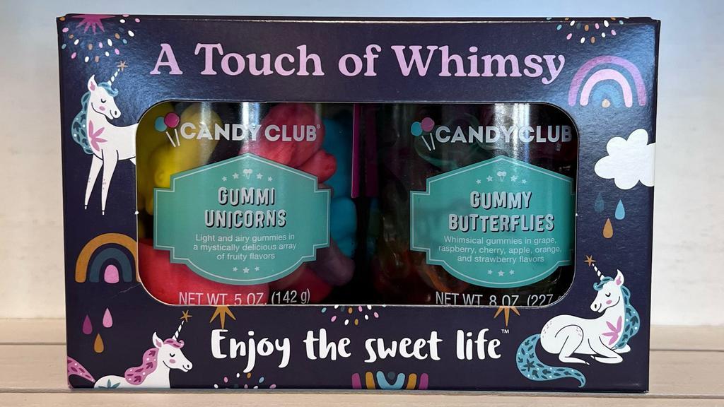 A Touch Of Whimsy - Gummi Unicorns & Gummy Butterflies · 2-Pack Gift Set
~~Gummi Unicorns
      ~~Light And Airy Gummies In A Mystically
            Delicious Array Of Fruity Flavors
~~Gummy Butterflies
      ~~Whimsical Gummies In Grape, Raspberry,
             Cherry, Apple, Orange And Strawberry
             Flavors