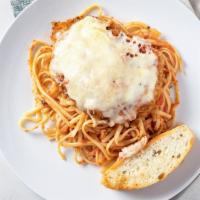 Chicken Parmesan · Parmesan encrusted chicken breast served over linguini topped with marinara, mozzarella and ...