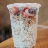 Overnight Oats · Oats, almond milk, peanut butter, granola, and fresh berries (no substitutions)
