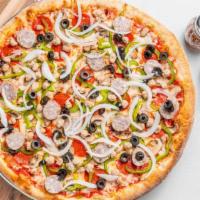Vesuvio Special · Pepperoni, sausage, mushrooms, onions, green peppers, hamburger, and black olives.