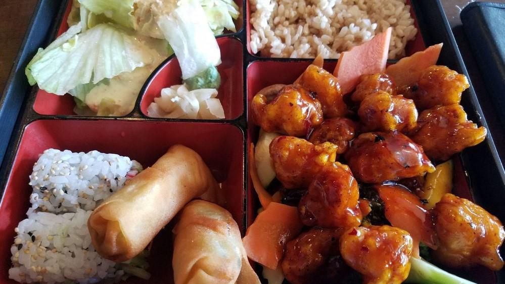 Lunch Box · Lunch box come with 3pcs crab Rangoon，and 1 California roll,and your choice of item l1b-l20b. Brown rice available.
