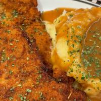 Breaded Veal & Mashed Potato · served with daily vegetable & garlic bread