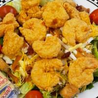 Fried Shrimp Salad · Lettuce, tomatoes, boiled egg, cheddar cheese, bacon & fried shrimp.