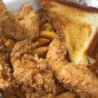 Chicken Tenders · 3 hand-breaded chicken tenders served with fries, coleslaw and texas toast. try it with our ...