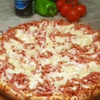 *Hawaiian Pizza · Ham, pineapple, bacon, jalapeños with tomato sauce and shredded mozzarella.