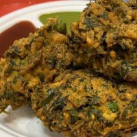 Palak Pakoda (5 Pcs) · Chickpea flour mixed with onions, spinach, spices deep fried.