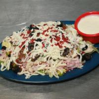 Salad Supreme (Large) · An Arkansas original. Fresh mixed lettuce with chopped onions and green bell peppers, black ...