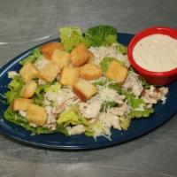 Chicken Caesar (Large) · Crisp romaine lettuce with fajita chicken, shredded Parmesan, and herbed croutons.