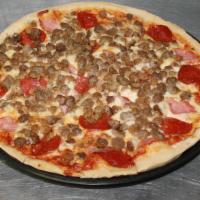 Meatza (Gluten Free) · Beef, sausage, Canadian bacon, Italian sausage, and pepperoni, baked with red sauce and mozz...