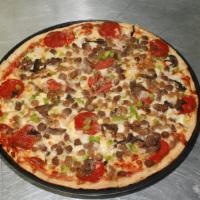 Supreme (Gluten-Free) · Beef, sausage, pepperoni, mushrooms, green bell peppers and onions, baked with red sauce and...