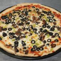 Veggie (Gluten Free) · Green Bell Peppers, Onions,Mushrooms,Black Olives,Baked with Red Sauce and Mozzarella.