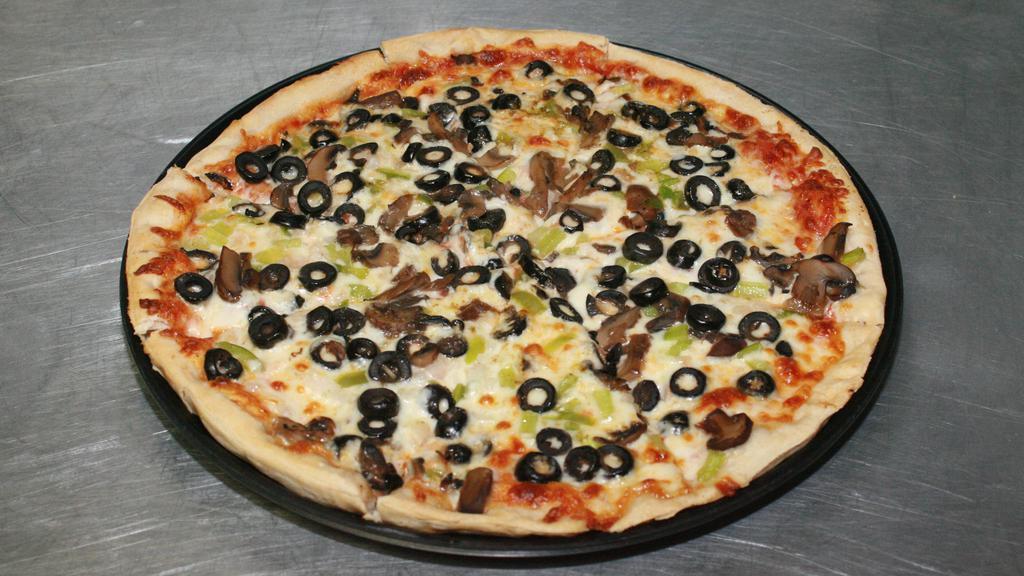 Veggie (Gluten Free) · Green Bell Peppers, Onions,Mushrooms,Black Olives,Baked with Red Sauce and Mozzarella.