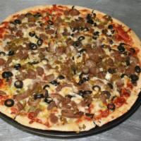 Italian Sausage & Veggie (Gluten Free) · Italian sausage, green bell peppers and onions, mushrooms, and black olives,
Baked with red ...