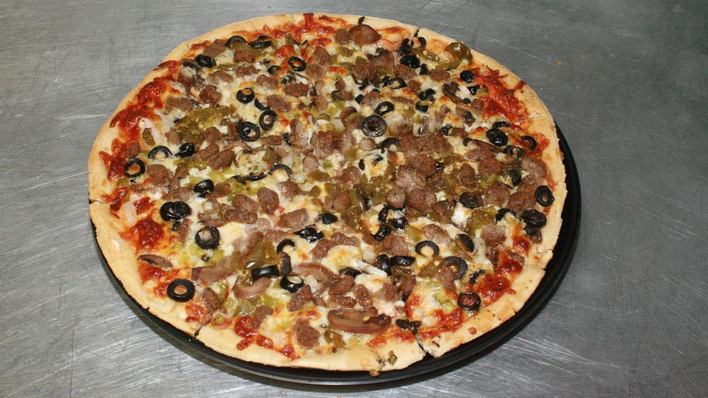 Italian Sausage & Veggie (Gluten Free) · Italian sausage, green bell peppers and onions, mushrooms, and black olives,
Baked with red sauce and mozzarella cheese.