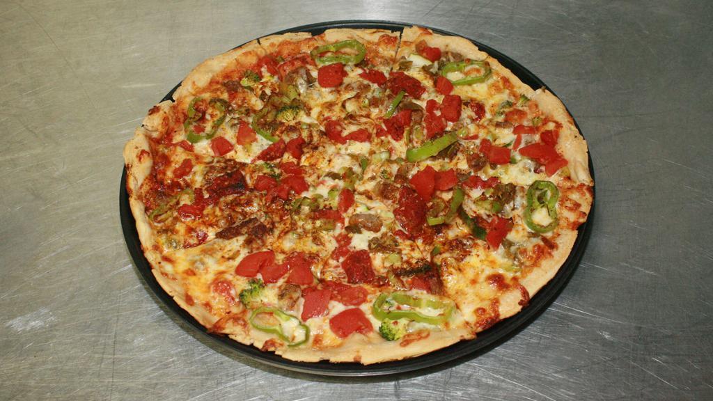 Trey’S Chloroplast Blast (Gluten Free) · Italian sausage, Anaheim peppers, broccoli, zucchini, green bell peppers, jalapeños and spicy tomatoes, with chili powder and crushed red pepper, baked with red sauce and mozzarella, Parmesan and pepper jack.