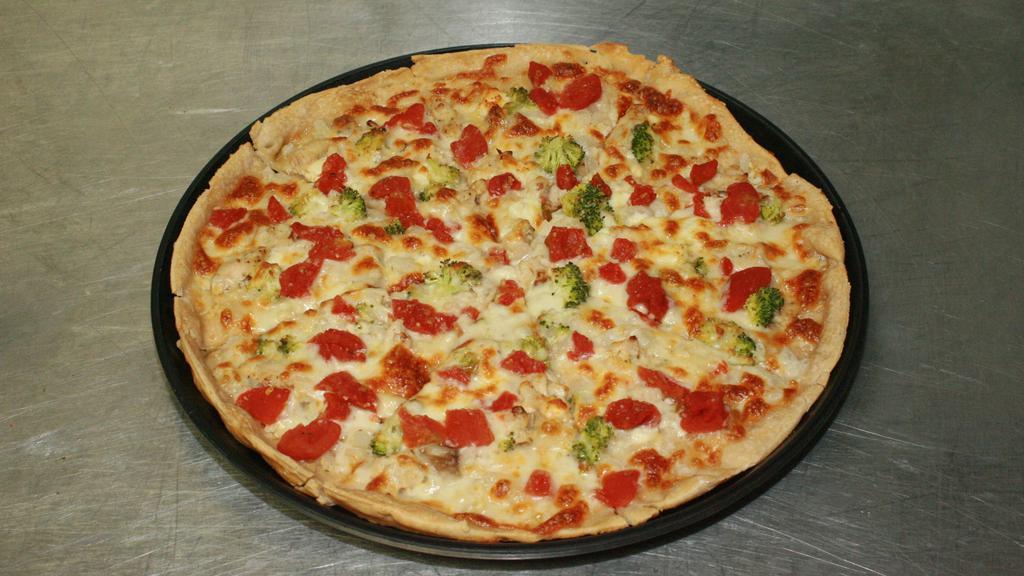Spicy Chicken & Broccoli (Gluten Free) · Creamy Alfredo sauced with olive oil and roasted garlic, chopped onions, fajita chicken, fresh broccoli, and spicy tomatoes, baked with mozzarella, Parmesan, and feta cheeses.