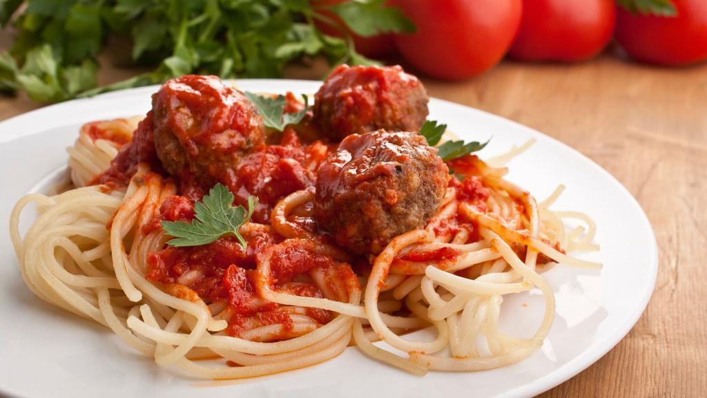 Spaghetti With Meatballs · Salad, bread, marinara, and meatballs.