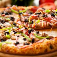 Vegetarian · Pizza sauce, mozzarella, regular, mushrooms, onions, sweet peppers, black olives, fresh pepp...