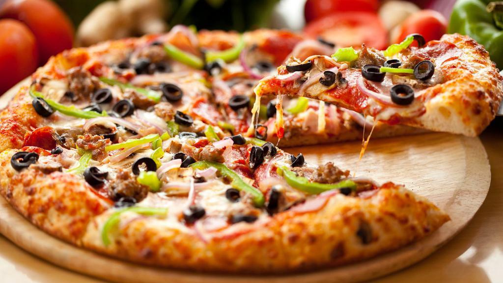 Vegetarian · Pizza sauce, mozzarella, regular, mushrooms, onions, sweet peppers, black olives, fresh peppers and tomatoes.