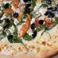 New Jersey White Pizza (Extra Large) · Spinach, tomato, black olives, garlic, feta cheese and mozzarella cheese.