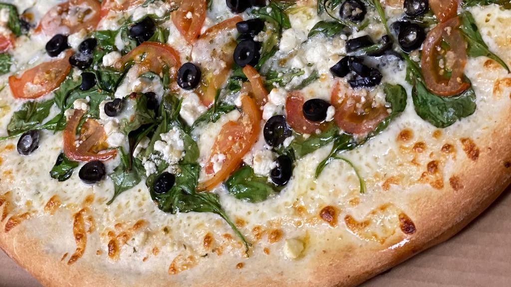 New Jersey White Pizza (Extra Large) · Spinach, tomato, black olives, garlic, feta cheese and mozzarella cheese.