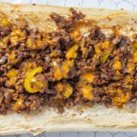 Philly Steak Hoagie · Tasty Philly steak cooked THE BUFFALO WAY : ONIONS, BANANA PEPPERS, CHEESE, MAYO, N SAUCE